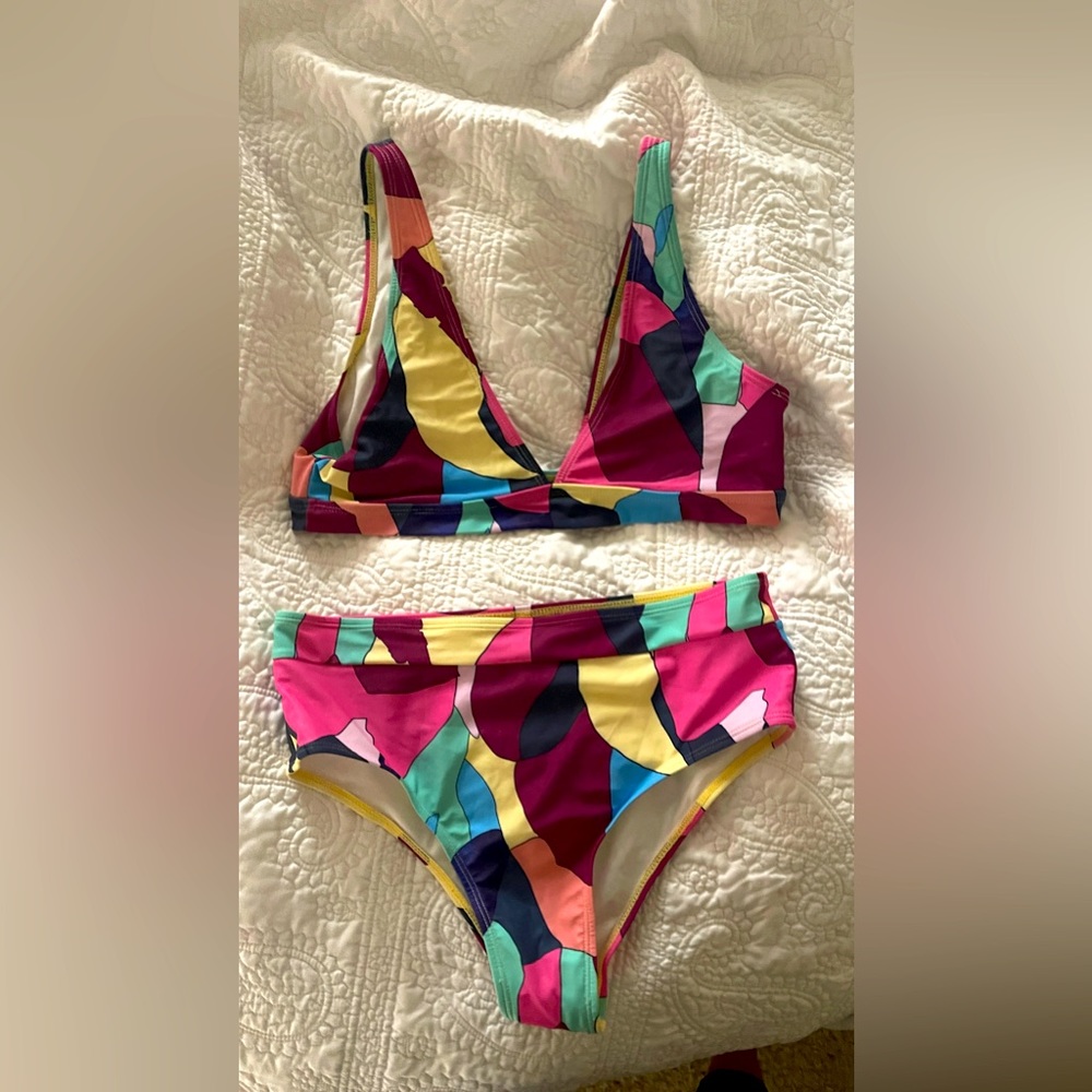 High Waist Bikini Geometry Print Cut Out Swimsuit Beachwear Multi-colored Sz L